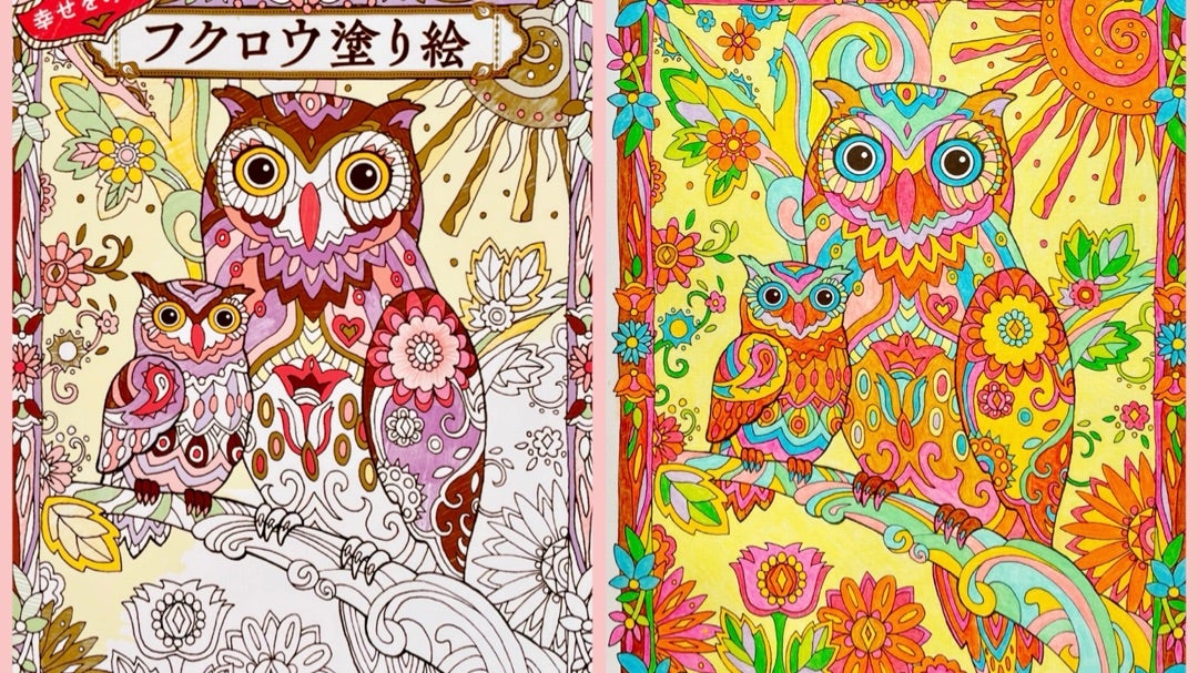 絵画　幸せを呼ぶフクロウ 塗り絵本レビュー【幸せを呼ぶフクロウ塗り絵】ちまちま塗りが楽しい